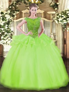 Floor Length Yellow Green Quinceanera Gowns Organza Cap Sleeves Beading