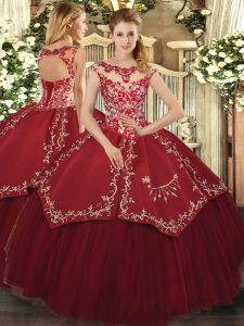 Satin and Tulle Cap Sleeves Floor Length Quinceanera Dress and Beading and Appliques and Embroidery