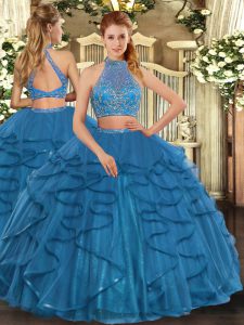 Custom Fit Teal Halter Top Criss Cross Beading and Ruffled Layers Ball Gown Prom Dress Sleeveless