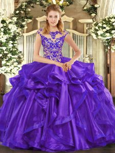 Sweet Purple Organza Lace Up Quinceanera Dress Cap Sleeves Floor Length Beading and Ruffles