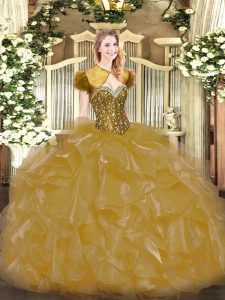 Exceptional Floor Length Lace Up Quince Ball Gowns Gold for Military Ball and Sweet 16 and Quinceanera with Beading and Ruffles