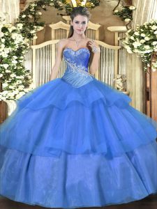 Graceful Sleeveless Tulle Floor Length Lace Up Quinceanera Dress in Blue with Beading and Ruffled Layers