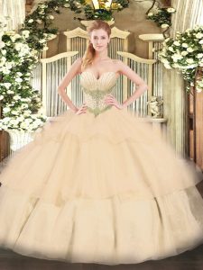 Flirting Champagne Ball Gowns Tulle Sweetheart Sleeveless Beading and Ruffled Layers Floor Length Lace Up Vestidos de Quinceanera