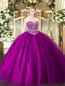 Fuchsia Sleeveless Tulle Lace Up Quince Ball Gowns for Military Ball and Sweet 16 and Quinceanera