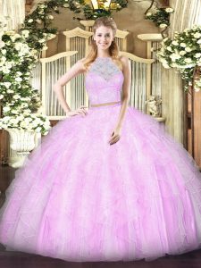 Lilac Two Pieces Tulle Scoop Sleeveless Lace and Ruffles Floor Length Zipper Quinceanera Gown