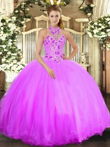 Fantastic Sleeveless Tulle Floor Length Lace Up Sweet 16 Dresses in Lilac with Beading and Embroidery