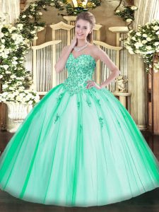 Charming Sleeveless Floor Length Appliques Lace Up Quinceanera Gown with Turquoise