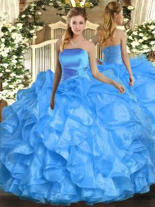 Custom Fit Baby Blue Ball Gowns Ruffles 15 Quinceanera Dress Lace Up Organza Sleeveless Floor Length