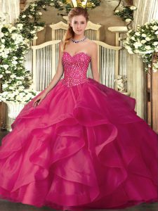 Unique Hot Pink Ball Gowns Beading and Ruffles Quinceanera Gown Lace Up Tulle Sleeveless Floor Length