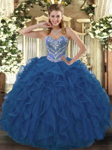 Blue Sweetheart Lace Up Beading and Ruffled Layers Quinceanera Gown Sleeveless