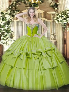 Exquisite Olive Green Ball Gowns Sweetheart Sleeveless Organza and Taffeta Floor Length Lace Up Beading and Ruffled Layers Ball Gown Prom Dress