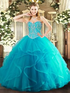 Teal Sweetheart Lace Up Beading and Ruffles Quinceanera Dresses Sleeveless