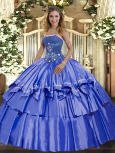 Floor Length Blue Sweet 16 Dress Organza and Taffeta Sleeveless Beading and Ruffled Layers