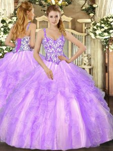 Clearance Lavender Sleeveless Floor Length Beading and Appliques and Ruffles Lace Up 15 Quinceanera Dress