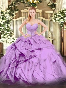 Enchanting Lavender Ball Gowns Sweetheart Sleeveless Organza Floor Length Lace Up Beading and Ruffles Quinceanera Dress