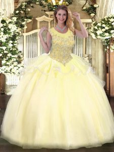 Stylish Floor Length Ball Gowns Sleeveless Light Yellow Sweet 16 Dresses Zipper