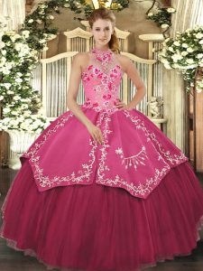 Designer Sleeveless Satin and Tulle Floor Length Lace Up Sweet 16 Quinceanera Dress in Coral Red with Beading and Embroidery