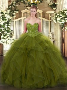 Simple Olive Green Tulle Lace Up Sweetheart Sleeveless Floor Length Quince Ball Gowns Beading