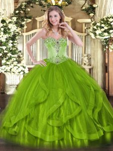 Dazzling Sleeveless Organza Lace Up Sweet 16 Dress in Olive Green with Beading and Ruffles