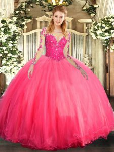 Luxurious Floor Length Coral Red 15th Birthday Dress Tulle Long Sleeves Lace