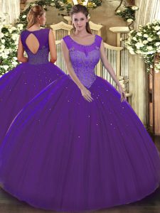 Discount Purple Tulle Backless Quince Ball Gowns Sleeveless Floor Length Beading