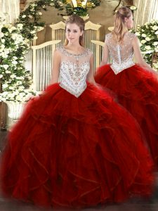 Stunning Wine Red Tulle Zipper Quinceanera Dress Sleeveless Floor Length Beading and Ruffles