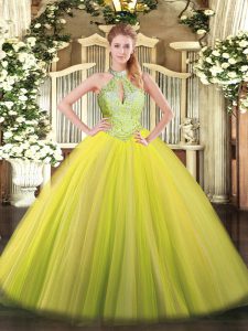 Colorful Floor Length Yellow Green Quinceanera Dresses Tulle Sleeveless Sequins