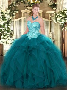 Teal Organza Lace Up Sweet 16 Quinceanera Dress Sleeveless Floor Length Appliques and Ruffles