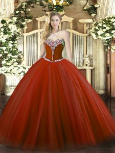 Cute Beading Quinceanera Gown Rust Red Lace Up Sleeveless Floor Length