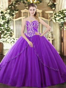 Exceptional Purple Ball Gowns Sweetheart Sleeveless Tulle Brush Train Lace Up Beading Sweet 16 Dress