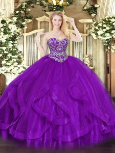 Custom Design Ruffles Quinceanera Dress Eggplant Purple Lace Up Sleeveless Floor Length