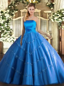 Strapless Sleeveless Quinceanera Gowns Floor Length Appliques Blue Tulle