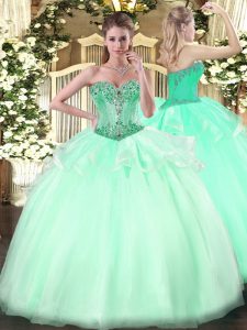 Super Sweetheart Sleeveless Quince Ball Gowns Floor Length Beading Apple Green Organza