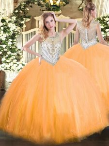 Sleeveless Floor Length Beading Zipper 15 Quinceanera Dress with Orange Red