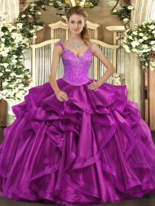 Dramatic Fuchsia Ball Gowns Beading and Ruffles Sweet 16 Dress Lace Up Organza Sleeveless Floor Length