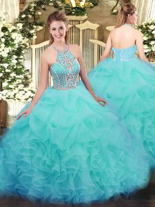 Floor Length Aqua Blue Sweet 16 Dresses Tulle Sleeveless Ruffles