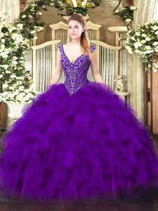 Dynamic Purple Ball Gowns V-neck Sleeveless Organza Floor Length Lace Up Beading and Ruffles Sweet 16 Dresses