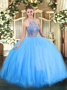 Blue Sleeveless Tulle Lace Up 15 Quinceanera Dress for Military Ball and Sweet 16 and Quinceanera