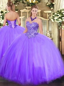 Ideal Lavender Ball Gowns Tulle Sweetheart Sleeveless Appliques Floor Length Lace Up Sweet 16 Dresses