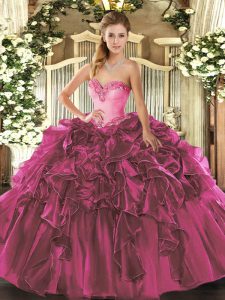 Fantastic Fuchsia Ball Gowns Organza Sweetheart Sleeveless Beading and Ruffles Floor Length Lace Up 15 Quinceanera Dress