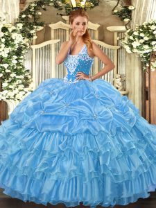 Wonderful Ball Gowns Quinceanera Gowns Baby Blue Straps Organza Sleeveless Floor Length Lace Up