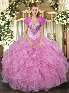 Floor Length Lace Up 15 Quinceanera Dress Rose Pink for Military Ball and Sweet 16 and Quinceanera with Beading and Ruffles