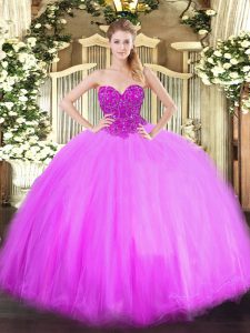 Lilac Sleeveless Floor Length Beading Lace Up Sweet 16 Dress