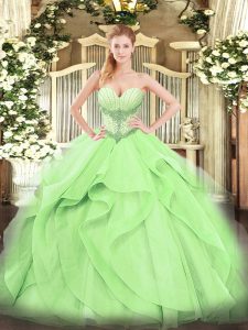 Comfortable Yellow Green Ball Gowns Beading and Ruffles 15th Birthday Dress Lace Up Tulle Sleeveless Floor Length