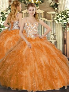 Orange Ball Gowns Beading and Ruffles Quinceanera Dress Lace Up Tulle Sleeveless Floor Length