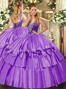 Dazzling Lavender Sweet 16 Quinceanera Dress Military Ball and Sweet 16 and Quinceanera with Beading and Ruffled Layers Straps Sleeveless Lace Up