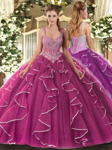 Low Price Sleeveless Tulle Floor Length Lace Up Quinceanera Gowns in Fuchsia with Beading