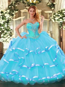 Organza Sweetheart Sleeveless Lace Up Beading and Ruffled Layers Sweet 16 Dress in Aqua Blue