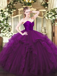 Fantastic Purple Ball Gowns Sweetheart Sleeveless Tulle Floor Length Zipper Ruffles Quinceanera Gown