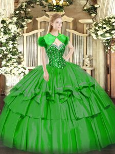 Glittering Organza and Taffeta Sweetheart Sleeveless Lace Up Beading and Ruffled Layers 15th Birthday Dress in Green